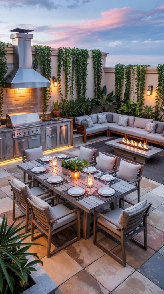An expansive, luxurious patio at dusk, featuring a full outdoor kitchen, a large wooden dining table, and a lounge area with an L-shaped sofa and a rectangular fire pit. The space is adorned with cascading green vines on light walls, potted plants, and warm ambient lighting.