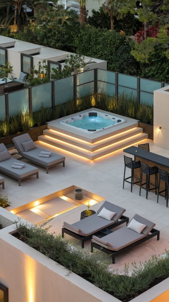 A modern and luxurious outdoor space featuring a hot tub with illuminated steps, lounge chairs, and a bar area, surrounded by planters with grasses and illuminated low walls, creating a cozy nighttime ambiance.
