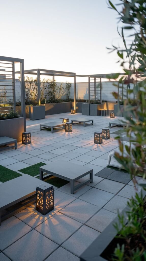 A modern outdoor lounge area at sunset featuring multiple modular lounge beds or chaises, set on large square pavers and artificial turf areas, illuminated by cozy decorative lanterns, under metal pergolas.