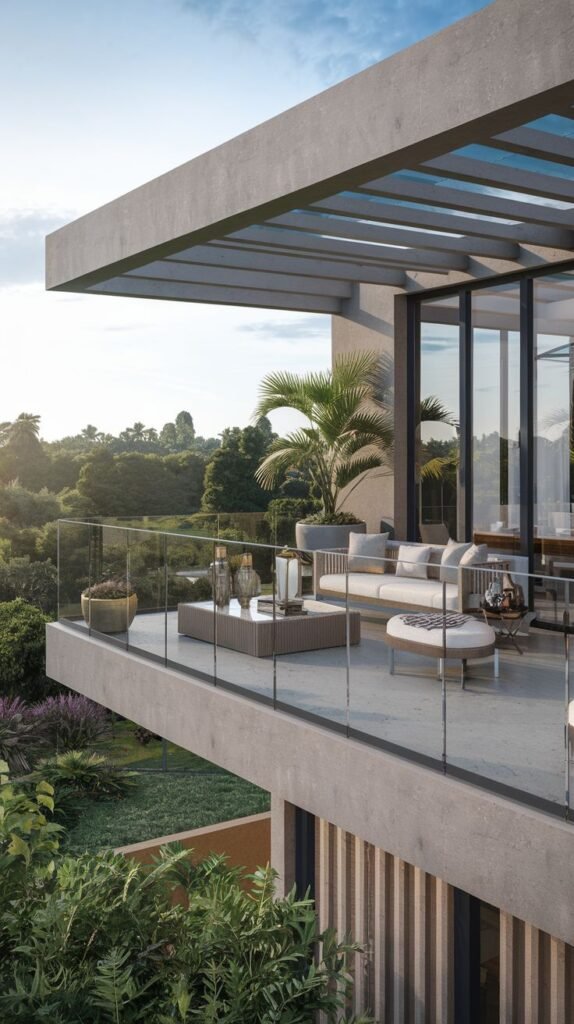 A modern balcony or terrace with comfortable seating including a sofa, armchairs, and an ottoman, set around a coffee table, with a glass railing offering a view of lush greenery and trees, creating a cozy elevated retreat.