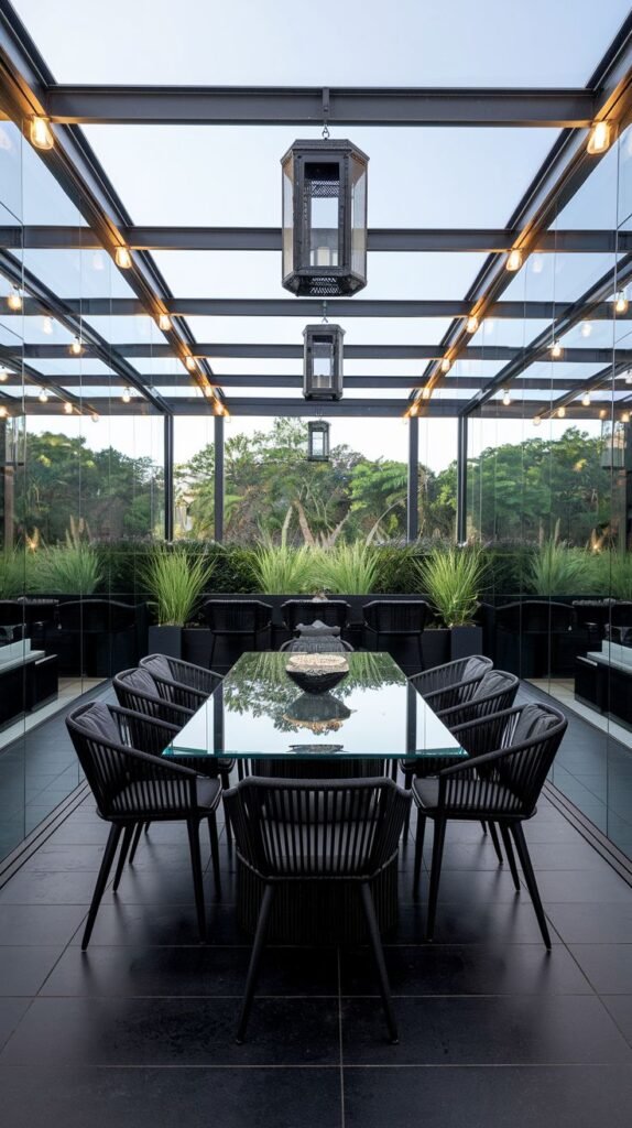 A unique and modern enclosed outdoor dining space with glass walls and ceiling, featuring a large glass-top table and black woven chairs, illuminated by hanging lanterns and string lights, surrounded by tall potted plants outside, creating a cozy and visually interesting area.