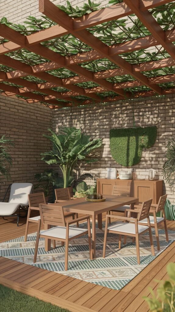 A cozy and modern outdoor dining area under a wooden pergola covered in greenery, with a dining table and chairs set on a rug atop a wooden deck, against a brick wall.