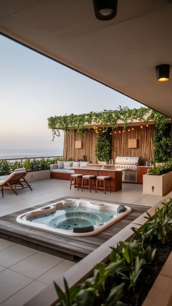 A luxurious and modern rooftop terrace with a hot tub, lounge chairs, and a bar/grill area, featuring lush greenery and a cozy atmosphere with hanging string lights and a view of the ocean.
