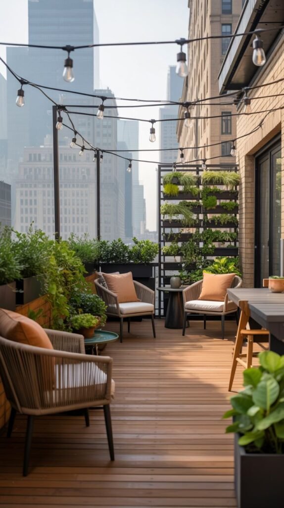 A cozy and modern rooftop patio with comfortable seating, a dining table, a vertical garden, and string lights, offering a view of city skyscrapers.