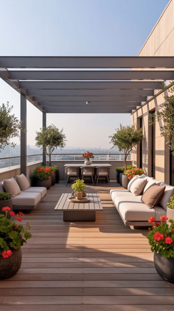 A modern and spacious rooftop terrace with comfortable sofas, a coffee table, and a dining area under a metal pergola, adorned with potted olive trees and red flowers, offering a cozy city view.