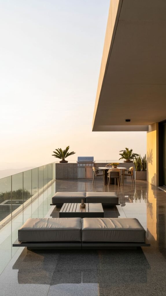 A sleek and modern outdoor space with a grill, dining table, and lounge seating, featuring a reflective floor and glass railing, set against a sunset view, creating a cozy upscale ambiance.