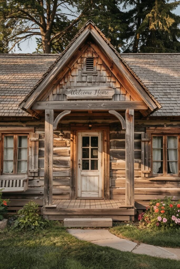 A rustic log cabin with a covered porch and a white door, featuring a "Welcome Home" sign. The wooden construction and natural setting feel particularly cozy.