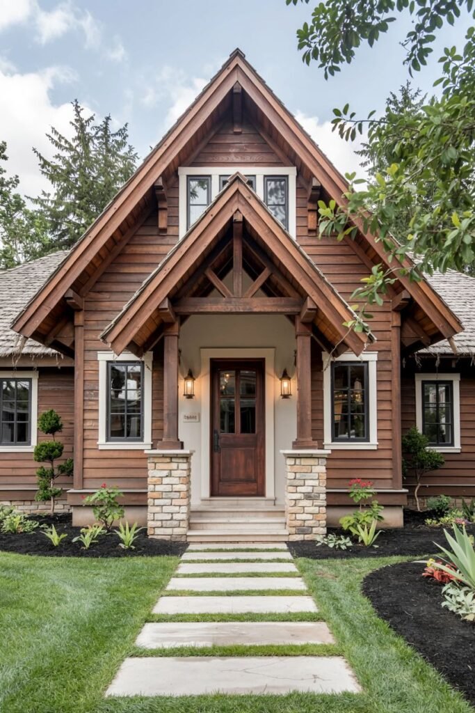 A grander rustic house with wooden siding and stone pillars supporting a covered entryway. A clean path of rectangular stepping stones leads to the door. The combination of wood and stone creates a substantial yet cozy aesthetic. The address '9880' is visible near the door.