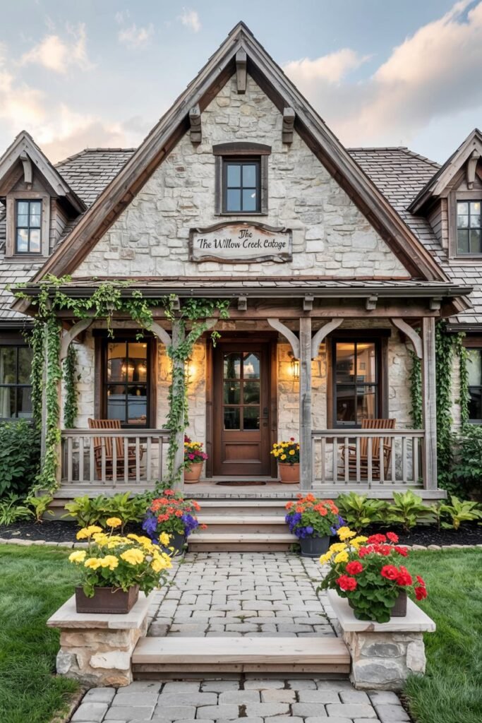 A rustic stone cottage with wood trim and shingle roof, featuring a covered porch with chairs and a sign reading "The Willow Creek Cottage". Colorful flowers in pots line the brick pathway, making the entrance feel especially cozy.
