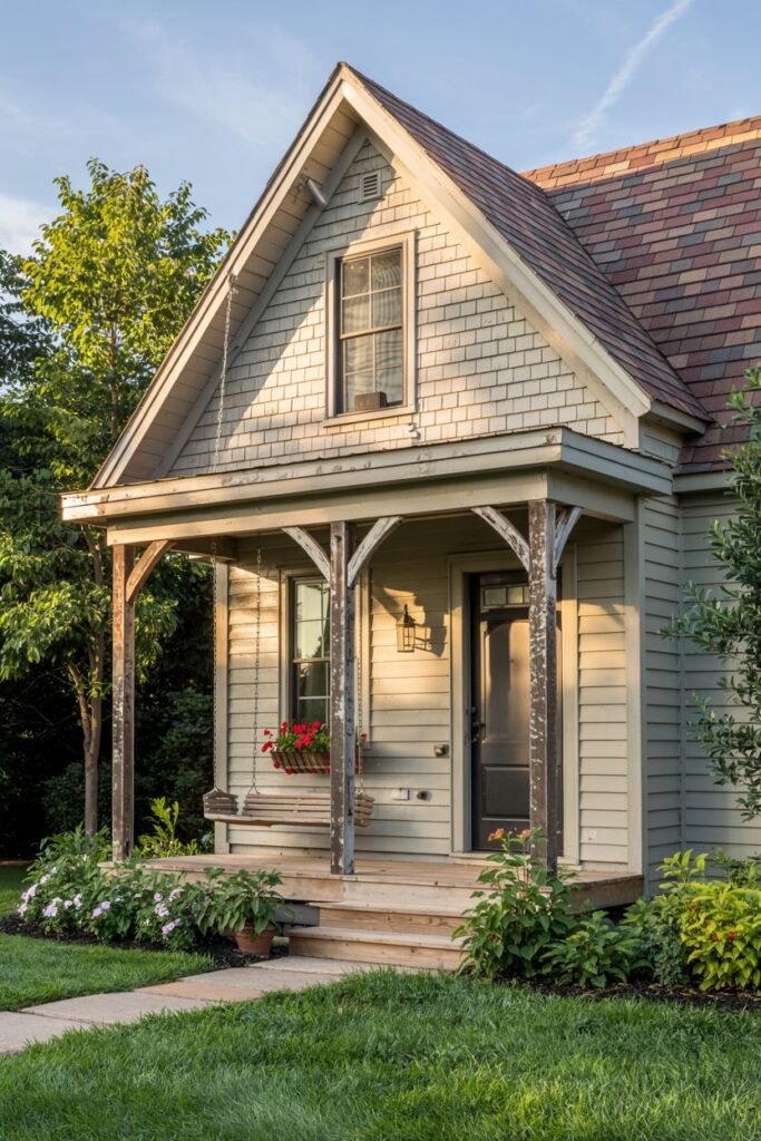 A light-colored rustic cottage with wood shingle siding and a covered porch featuring a swing and a red flower box. The worn look of the porch supports adds to the cozy, aged charm.