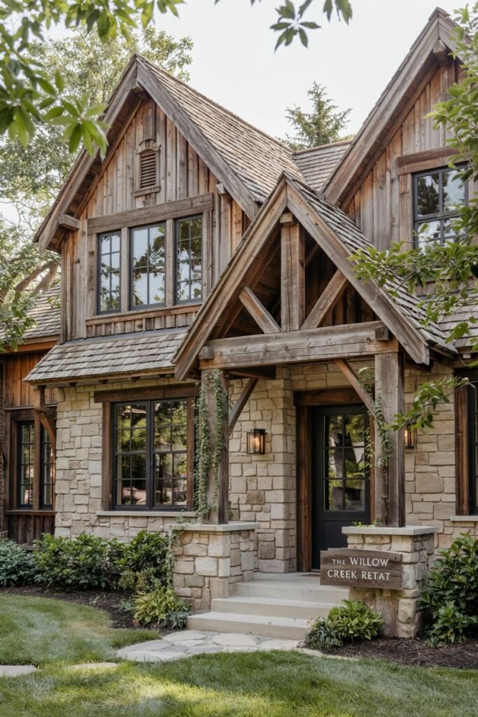 A rustic house featuring extensive stone work on the lower level and natural wood siding and shingle on the upper levels. A covered entryway is supported by stone pillars and wooden beams. A sign reads "The Willow Creek Retreat". The mix of materials creates a sturdy, cozy lodge feel.