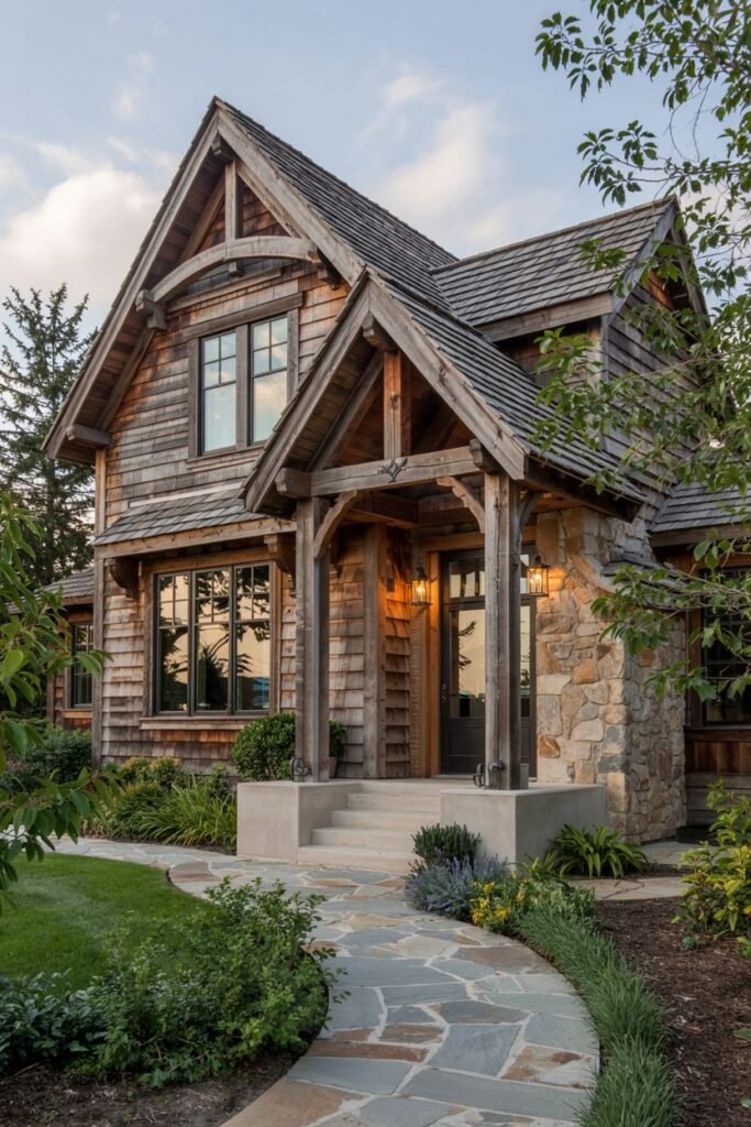 A rustic house with wooden shingle siding and stone foundation, featuring a covered entryway with heavy timber framing. A winding flagstone path leads through landscaped greenery towards the door, creating a cozy natural approach.