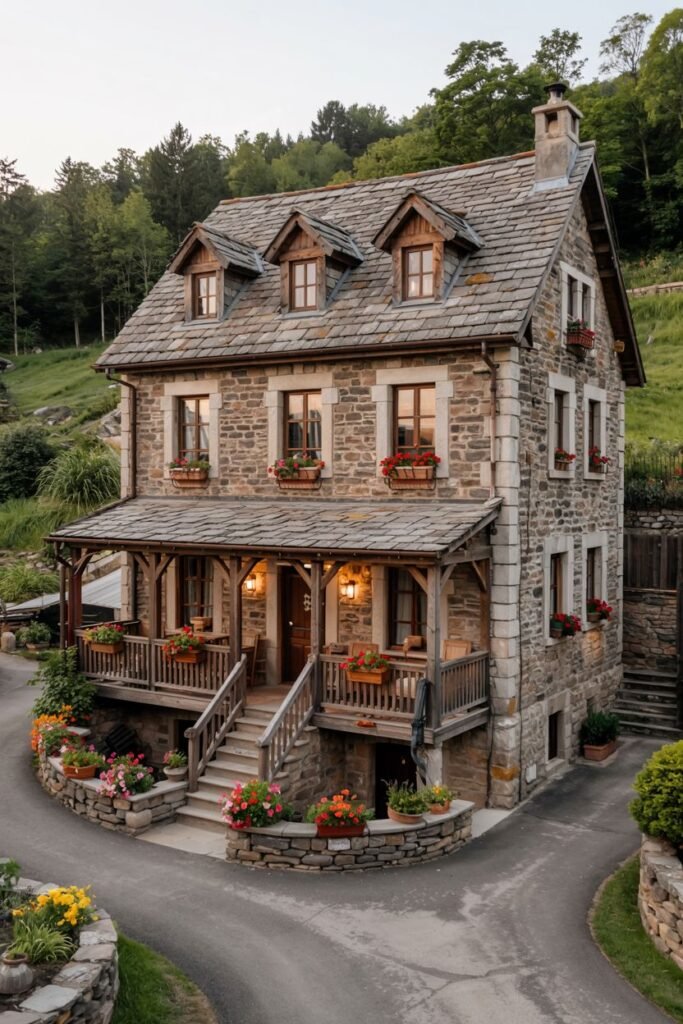 A multi-story rustic stone house with a slate roof, set into a hillside. It features multiple dormer windows and a wrap-around covered porch adorned with many flower boxes. The stone construction and elevated setting give it a substantial yet cozy mountain home feel.