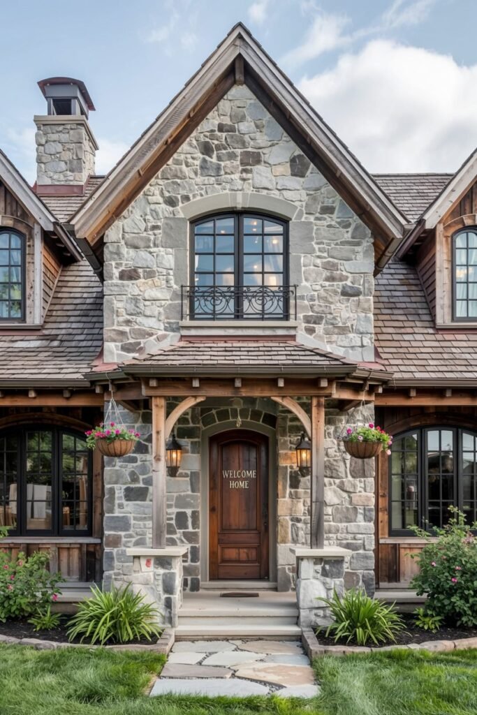 A rustic stone house with wood shingle siding and a prominent arched window above the entrance. Stone pillars support the covered entryway, which features a wooden door with a "Welcome Home" sign and hanging flower baskets. The detailed stone work and welcoming sign contribute to a cozy, elegant look.
