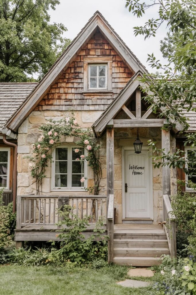 A small, rustic stone cottage with wood shingle siding and a simple porch with wooden railings and steps. Climbing pink roses frame a window, and a "Welcome Home" sign hangs on the white door, giving it a cozy, storybook feel.