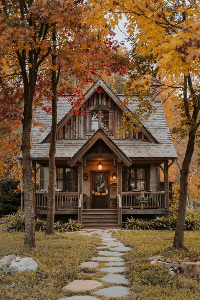 A rustic wooden cottage with a covered porch, seen nestled among trees with vibrant orange and yellow autumn leaves. The warm light from the windows and lamps enhances the cozy fall atmosphere. A flagstone path leads to the entrance.