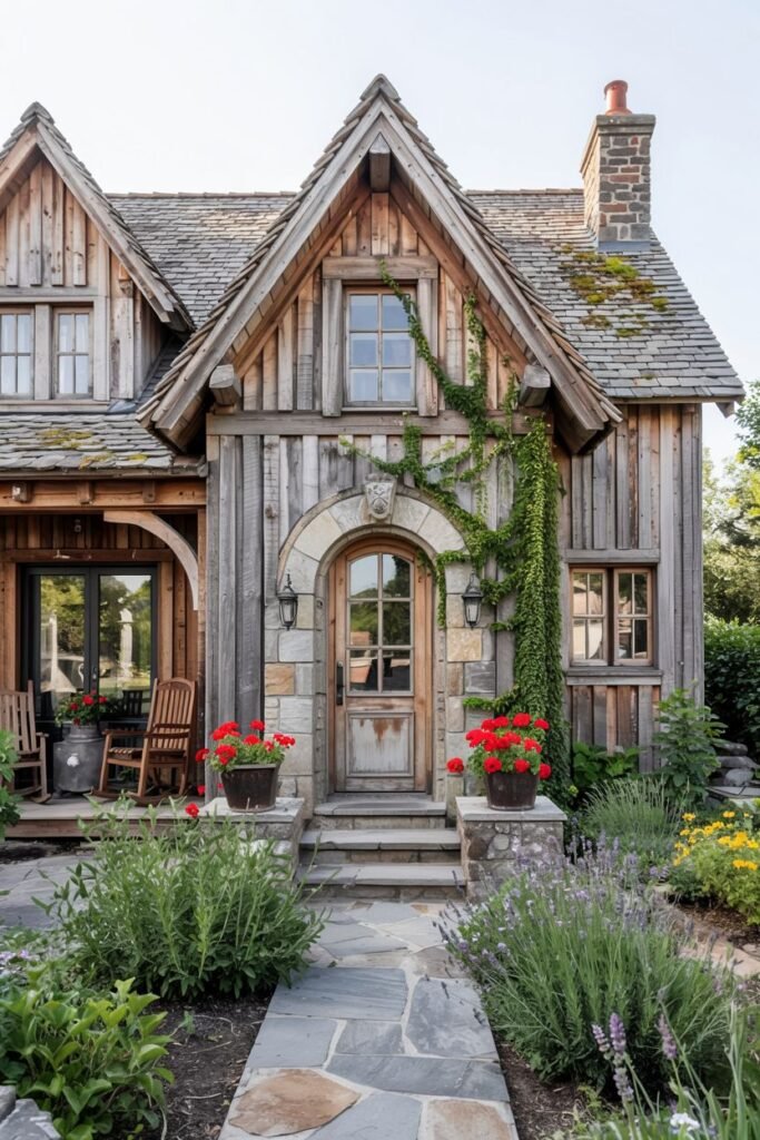 A rustic house featuring a mix of wood siding and stone. A curved stone arch frames a wooden door with a unique design. Climbing ivy and red flowers in pots add color. The combination of materials and natural elements creates a cozy and textured look.