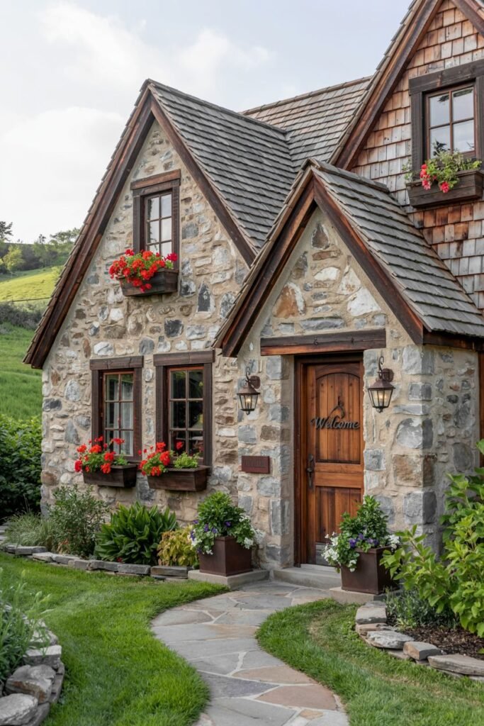 A rustic stone cottage with wood trim and shutters, featuring multiple windows with flower boxes filled with red and purple blooms. The stone work and curved path create a cozy, picturesque entrance. A "Welcome" sign is on the wooden door.