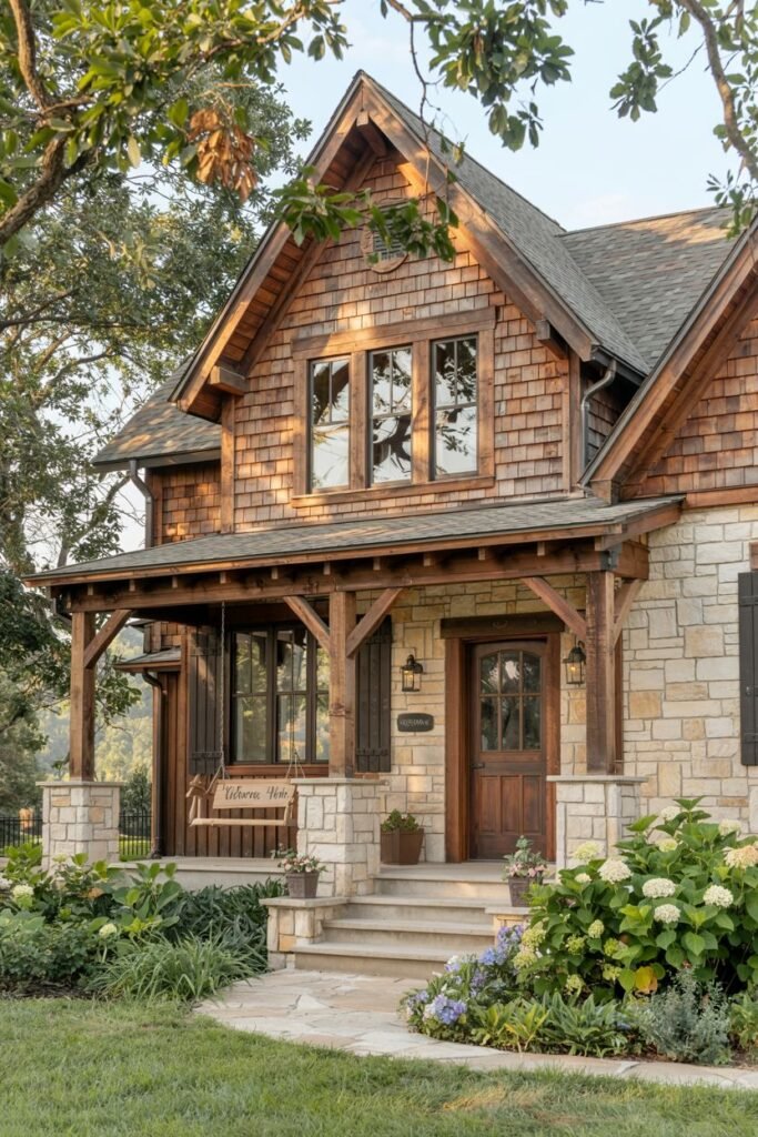 A rustic house with wood shingle siding and stone lower walls, featuring a covered porch with a swing. The heavy wooden beams and stone pillars give it a solid, cozy presence. Lush landscaping surrounds the stone steps leading to the door, which has a "Welcome" sign.