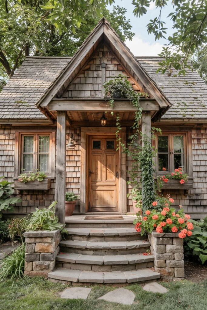 A small, rustic cottage with wood shingle siding and a covered entryway supported by wooden posts and stone bases. Climbing greenery and potted orange flowers decorate the entrance, which is accessed by curved stone steps. The textures of the wood and stone, along with the plants, create a very cozy look.