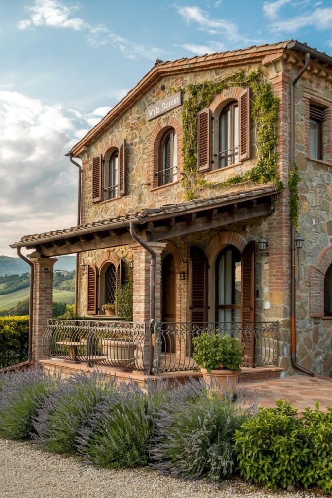 A two-story rustic house named "Villa Serena", built with stone and brick, featuring a covered patio or porch with arched openings supported by pillars. Climbing ivy covers parts of the facade, and rows of lavender line the gravel path. This building has a distinct cozy, Italian countryside charm.