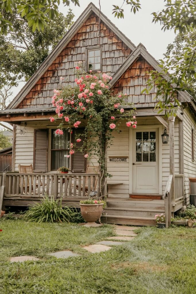 A small, light-colored rustic cottage with wood siding and shingle roof, featuring a porch with a swing and climbing pink roses around a window. A "Welcome" sign is on the white door. The aged wood and abundant roses give it a cozy, charmingly weathered appearance.