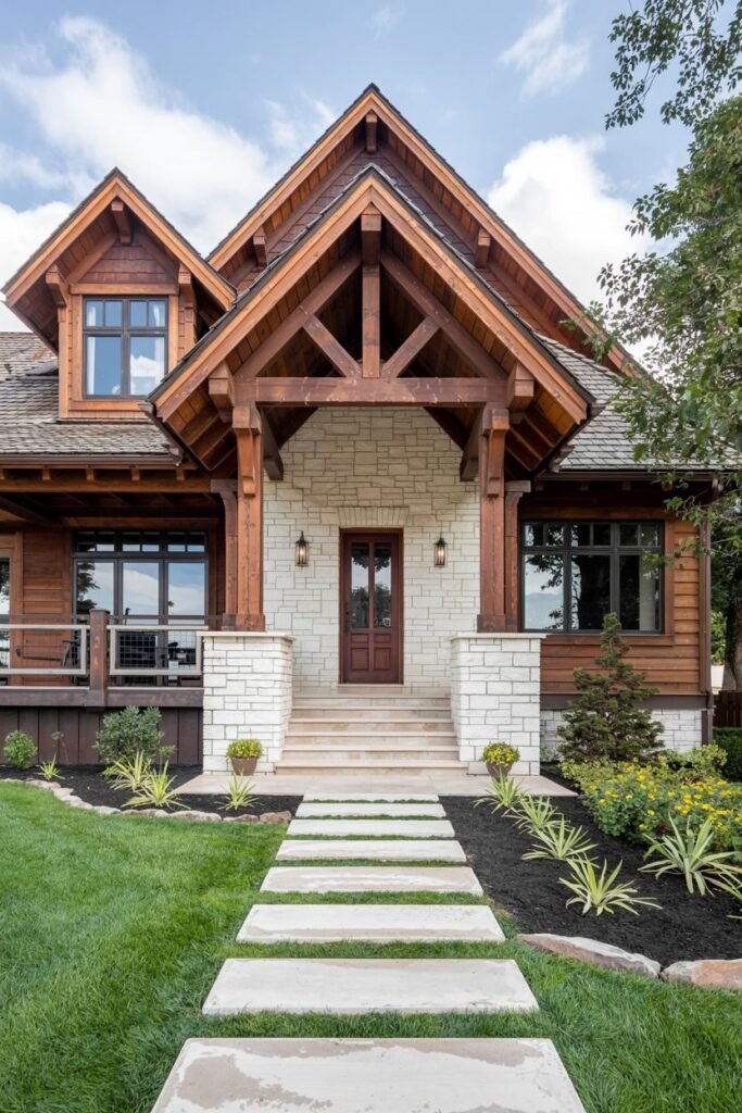 A rustic house with wooden siding and white stone accents, featuring a covered entryway supported by large wooden beams and stone columns. A path of rectangular stepping stones leads up to the door, bordered by lush green grass and landscaped beds. The scene feels cozy and inviting.