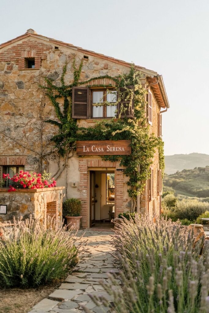 A rustic stone and brick building with climbing plants, identified by a sign as "La Casa Serena". A stone path leads through rows of lavender towards the entrance, creating a cozy Tuscan scene.