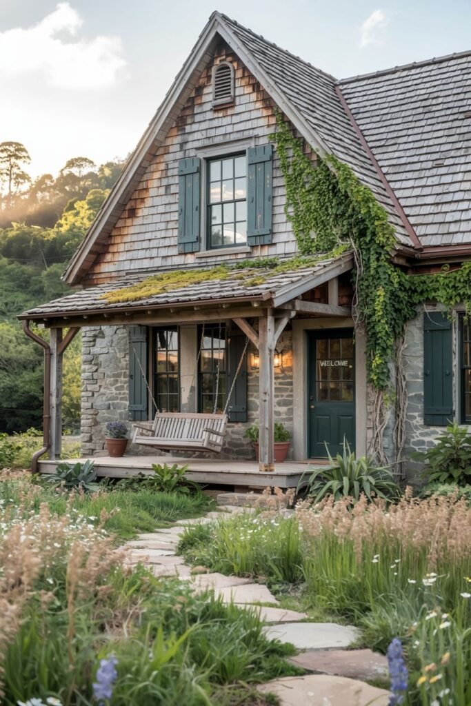 A rustic stone cottage with wood shingle siding and a porch swing, surrounded by wildflowers and greenery. The setting sun in the background adds a cozy, tranquil feel.
