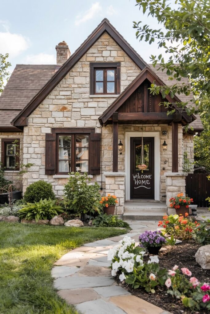 A rustic stone cottage with dark wood trim and shutters, adorned with colorful flowers in landscaped beds along a stone path. A "Welcome Home" sign hangs on the door, enhancing the cozy feel.