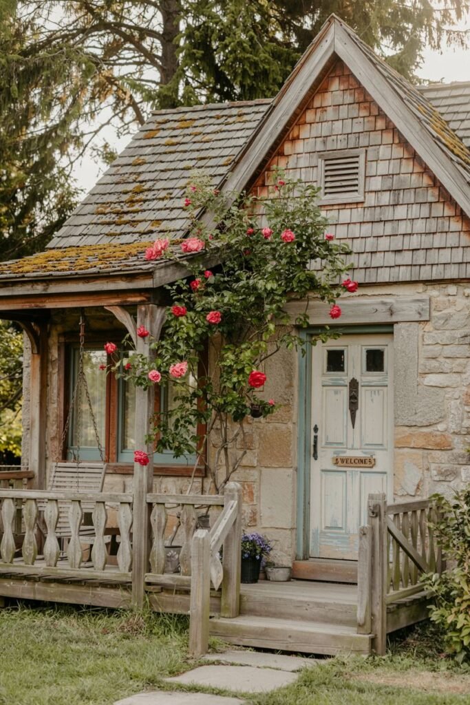 A small, rustic cottage with shingle siding and stone base, featuring a porch with a swing and climbing pink roses. The aged wood and natural surroundings evoke a cozy and slightly overgrown charm.