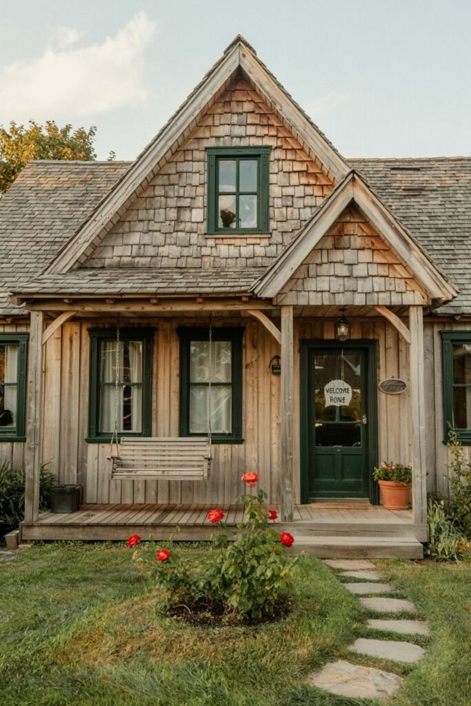 A rustic wooden house with shingle siding and dark green trim, featuring a porch with a swing and a small rose bush near the walkway. A "Welcome Home" sign is visible on the dark green door, giving a cozy impression.
