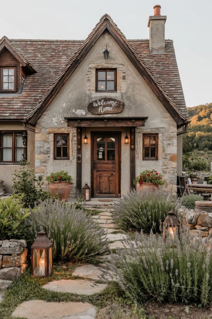 A rustic stone cottage with a red tile roof and warm lighting emanating from the windows and exterior lanterns. Lavender plants and potted flowers line the stone path, contributing to a cozy, European countryside feel. A "Welcome Home" sign is above the door.