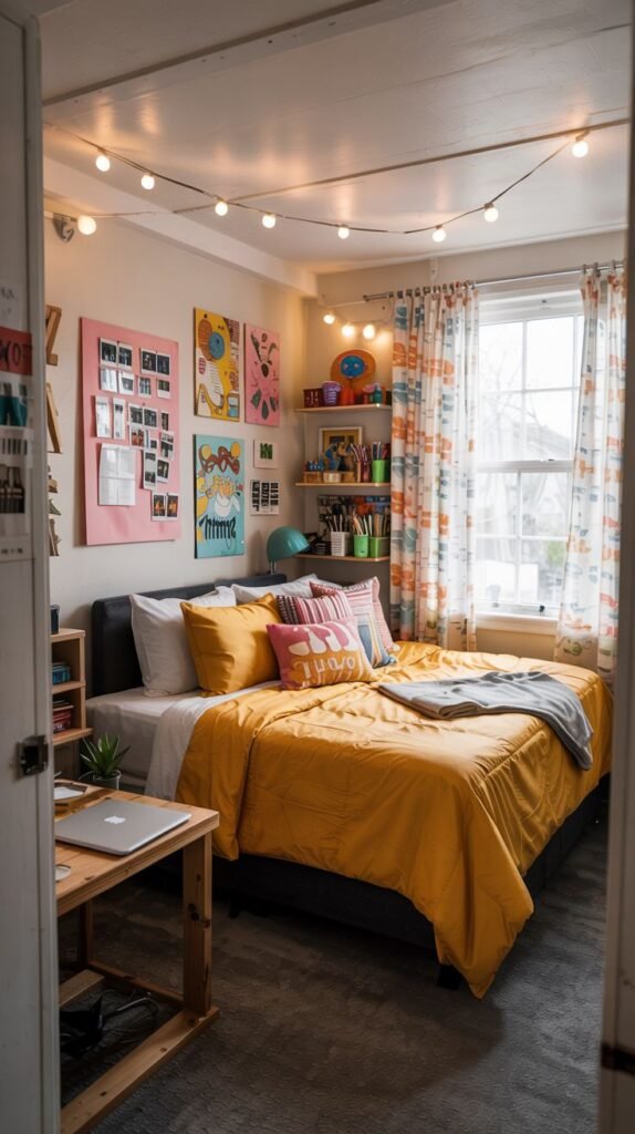 Cozy dorm room decorated in shades of pink, featuring a bed with a tufted headboard, a desk, sheer curtains, and framed art on the wall.