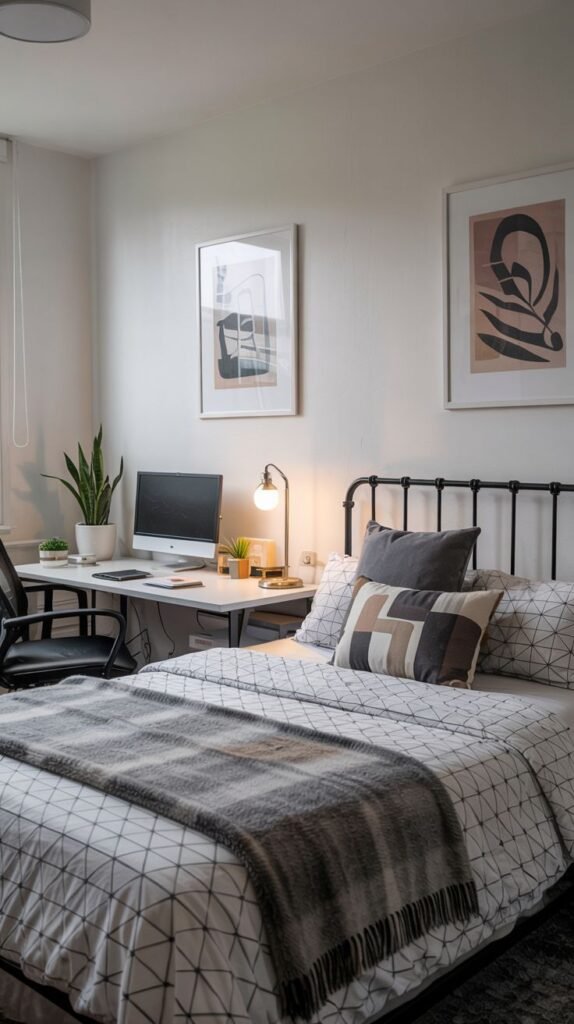 Cozy dorm room with a modern, minimalist aesthetic, featuring a bed with geometric bedding, a desk with a computer, and abstract wall art.