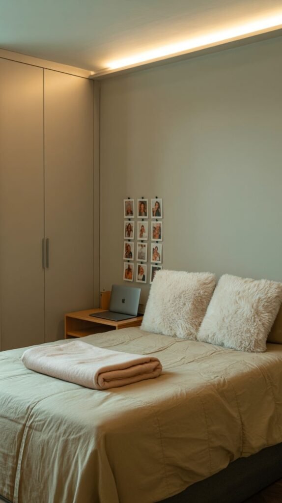 Cozy dorm room with neutral colored walls and bedding, featuring a bed with fluffy pillows, a small side table, and built-in closet doors.