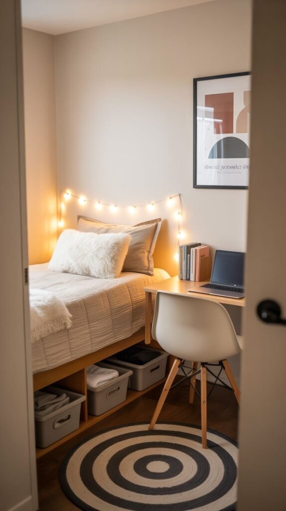 Cozy dorm room viewed through a doorway, featuring a bed decorated with string lights, a desk with a laptop, under-bed storage, and a circular rug.