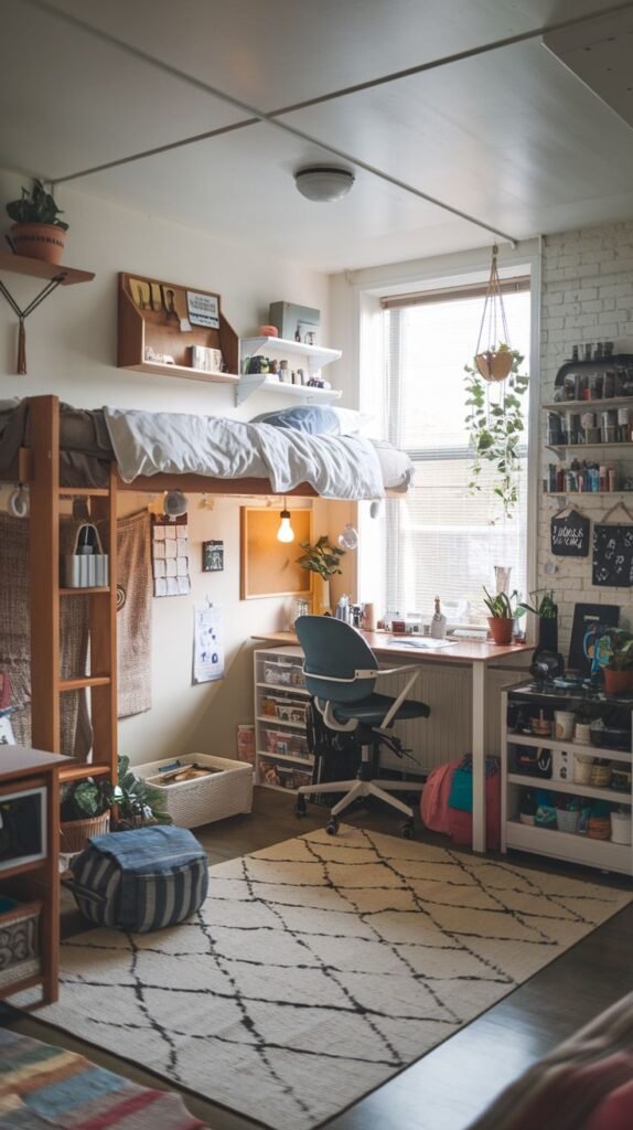 Cozy dorm room featuring a loft bed positioned above a desk area, decorated with plants, string lights, and artwork.