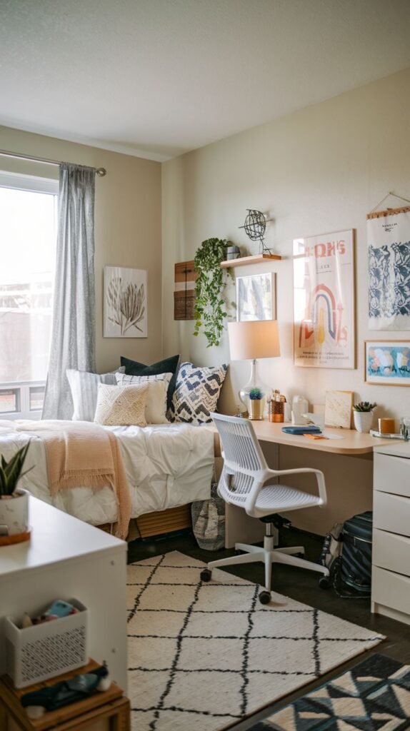 Cozy dorm room with a bed, desk, and white storage unit, decorated with plants, artwork, and a patterned rug.