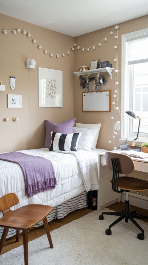Cozy dorm room with beige walls, featuring a single bed, a desk, wall shelves, and string lights with pom-poms.