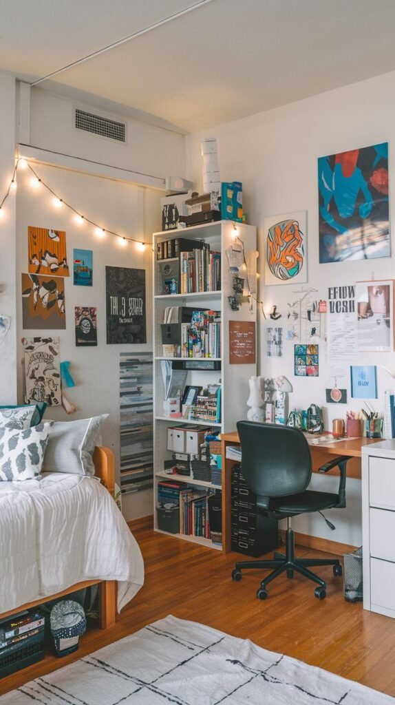 Cozy dorm room with a bed, a desk, a large bookshelf, decorated with string lights, posters, and artwork on the wall.