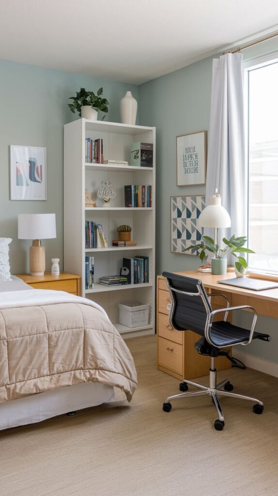 Cozy dorm room with light green walls, featuring a bed, a desk with a task chair, and a white bookshelf filled with books and decor.