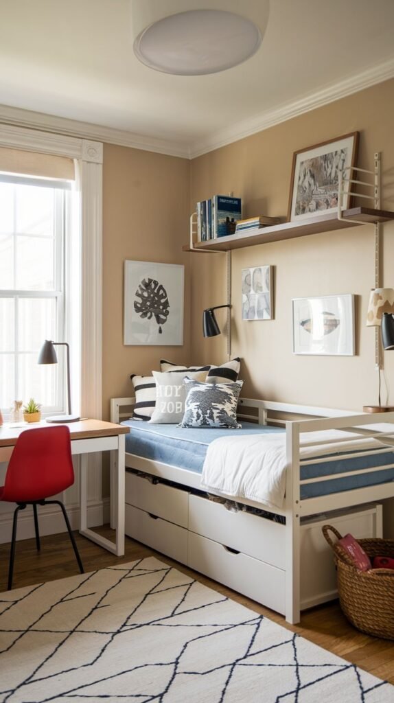 Cozy dorm room with a white daybed that has storage drawers underneath, a desk, and wall shelves with decor and artwork.