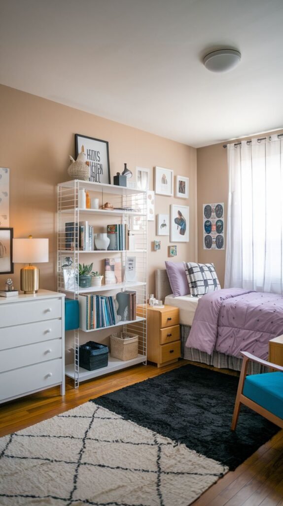 Cozy dorm room with a bed, a white dresser, a white wire shelf unit, and a wall decorated with framed photos and artwork.