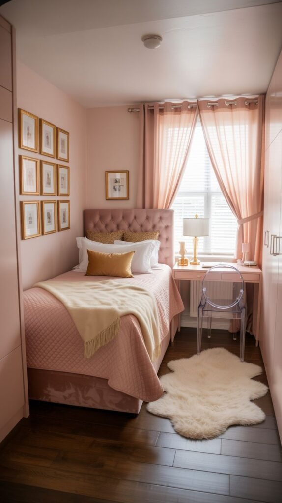 Cozy dorm room with warm sunlight streaming through the window, featuring a bed, a round armchair, a desk, and wall shelves with plants.