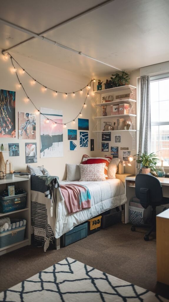 Cozy dorm room with a bed raised on risers, a desk, and shelves, decorated with string lights and artwork on the wall.