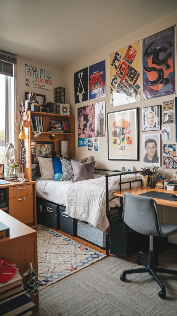 Dorm room with a bed, desks, shelving, and a gallery wall.