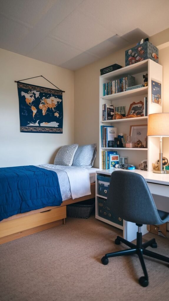 Cozy dorm room featuring a single bed with blue bedding, a desk, a tall white bookshelf, and a world map tapestry on the wall.