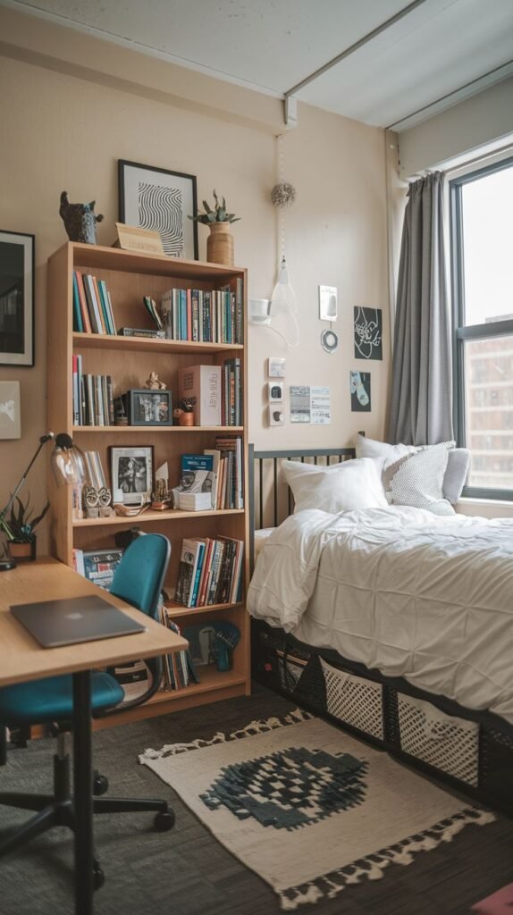 Cozy dorm room featuring a bed, a desk with a blue chair, a large wooden bookshelf, and artwork on the wall.