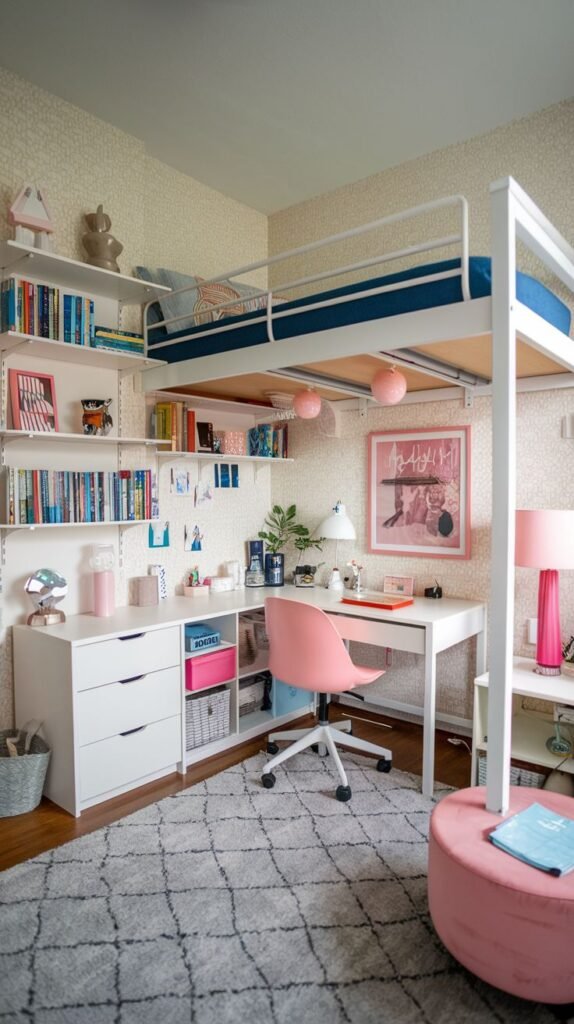 Cozy dorm room featuring a loft bed above a desk and storage system, with pink accents, bookshelves, and a gray rug.
